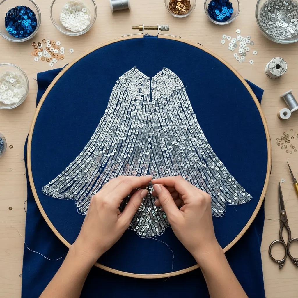 primer plano de bordadora con bordado con lentejuelas